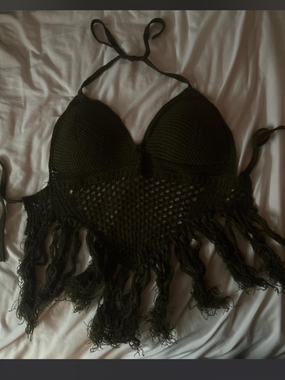 Dark green Crochet Fringe Halter Crop Top